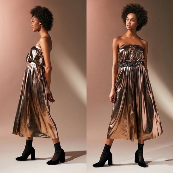 UO Hollywood Gold Copper Shiny Pleated Jumpsuit - Picture 2 of 4